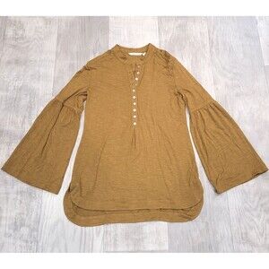 Soft Surroundings XS Mustard Gold Henley Tunic Top Boho Bell Sleeves Hi Lo Flowy